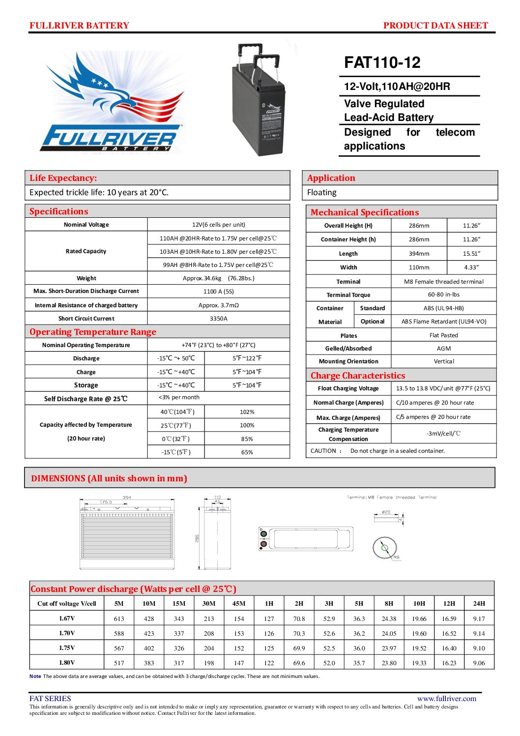 Fullriver FAT110-12 Slim Line AGM Battery 110ah